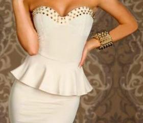 Strapless Peplum Nail Studded Cocktail Dress 